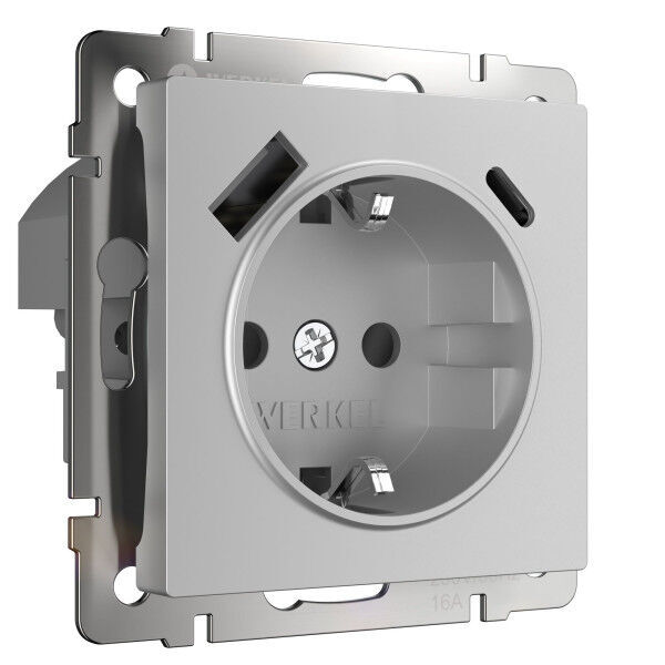 W1171706/ Розетка с заземлением, шторками и USB тип A+C (серебряный) W1171706