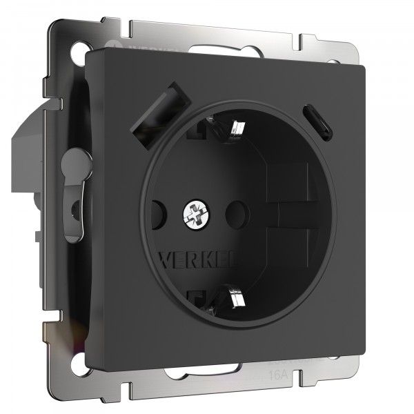Розетка с заземлением, шторками и USB тип A+C (черный матовый) W1171708