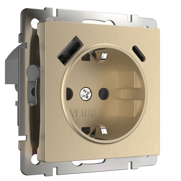 Розетка с заземлением, шторками и USB тип A+C шампань рифленый W1171710