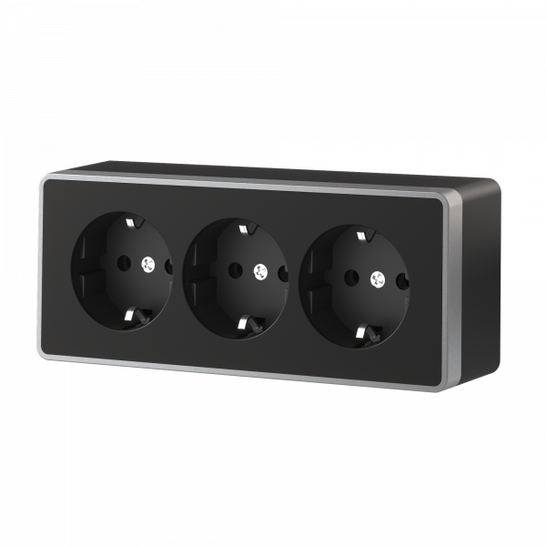 Розетка тройная с заземлением и шторками Gallant черный с серебром