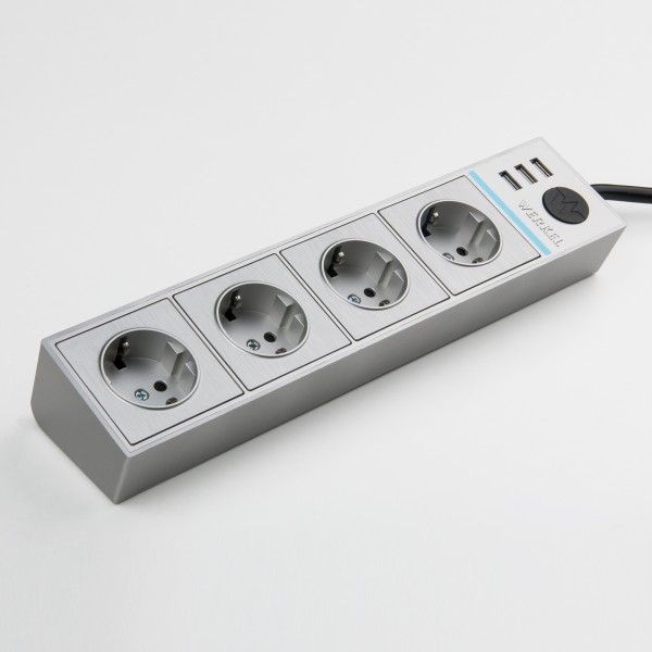 Розеточный блок 4-х местный + 3 USB серебряный/серебряный рифленый WL20-04-03
