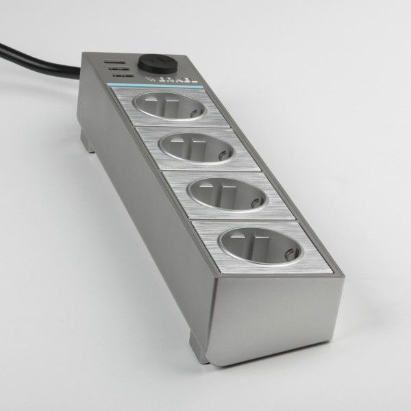 Розеточный блок 4-х местный + 3 USB серебряный/серебряный рифленый WL20-04-03. Превью 3