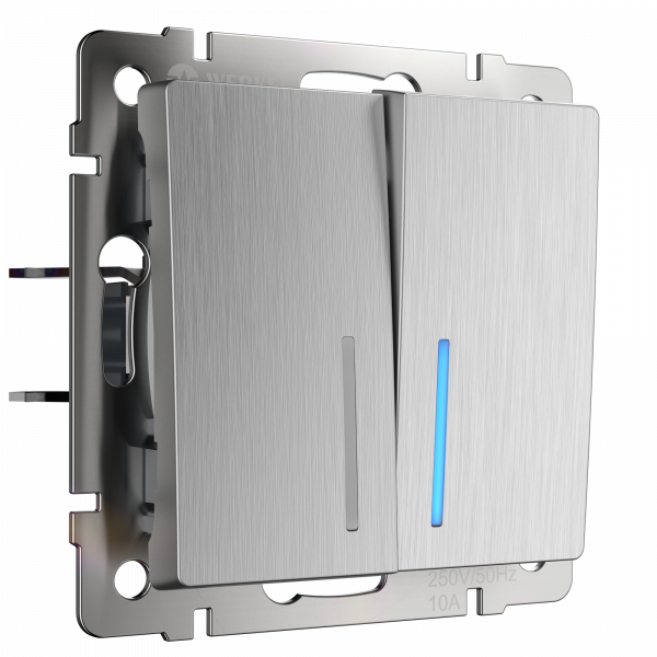 W1120109/&nbsp;Выключатель двухклавишный с подсветкой (cеребряный рифленый)